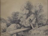 dessin représentant un pont enjambant une rivière, avec des arbres et des rochers en arrière-plan