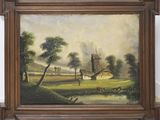 painting of a landscape with a windmill in the distance and a river in the foreground