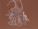 drawing of a woman in a dress holding a basket of flowers