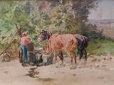 un tableau représentant un homme debout à côté d'un cheval