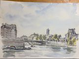 a watercolor painting of a boat on the water