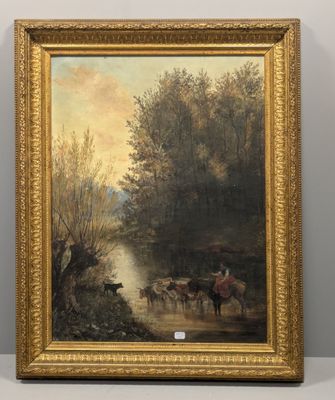 une image représentant un tableau où l'on voit un homme à cheval au bord d'une rivière