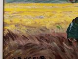 a painting of a woman in a field with a bird