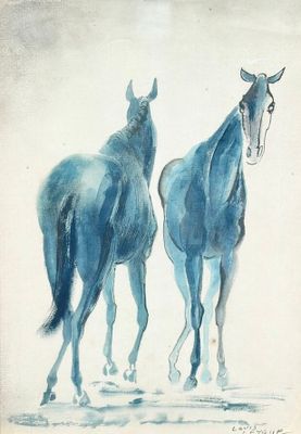 painting of two horses walking side by side on a white background
