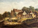 une reproduction d'un tableau représentant une scène de ferme avec deux chevaux