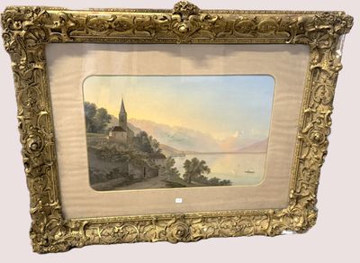 Gouache encadrée « Lac Leman » H 110 X 91 cm à vue