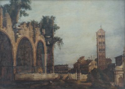 peinture représentant un tableau d'un bâtiment avec une tour horloge en arrière-plan