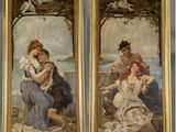 deux tableaux représentant deux femmes et un homme assis sur un banc