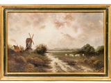 peinture représentant un paysage avec un moulin à vent et des moutons au premier plan