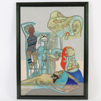 tableau représentant un homme et une femme avec un chien devant une cage
