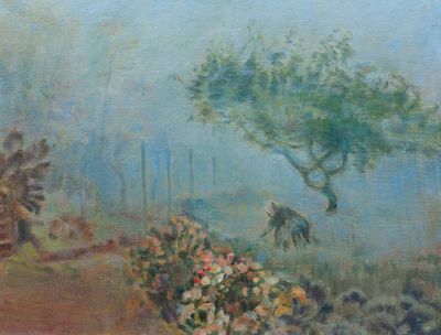 D’APRES ALFRED SISLEY, « Brume et jardin », Huile sur toile – Fond pho - Photo 1