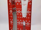 a red box containing a bottle of perfume and a tube of cream