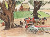 un dessin représentant une table et des chaises sous un arbre