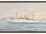 painting of a large ship in the water with a sky background