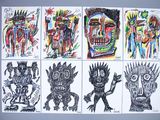 four different colored drawings of different characters on a white surface