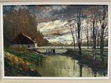 an image of a painting of a house by a river