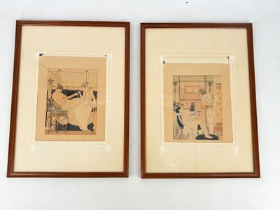 deux tableaux asiatiques encadrés représentant une femme et un homme dans un salon