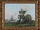 an image of a painting of a landscape with a cow in a field