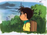 scène d'anime montrant un garçon avec un sac à dos contemplant la ville