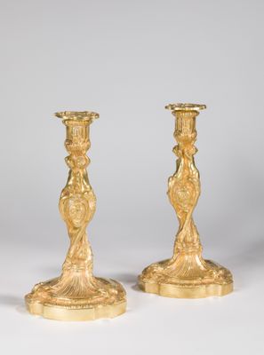 paire de chandeliers anciens en laiton sur base en marbre