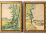 two framed paintings of trees and a road in a field