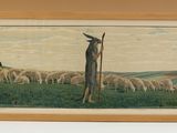 tableau représentant un homme debout devant un troupeau de moutons dans un champ