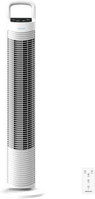 a white tower air purifier on a white background