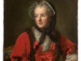 a painting of a woman in a red dress sitting at a table with a book