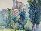 watercolor painting of a castle on a hill with trees in the foreground
