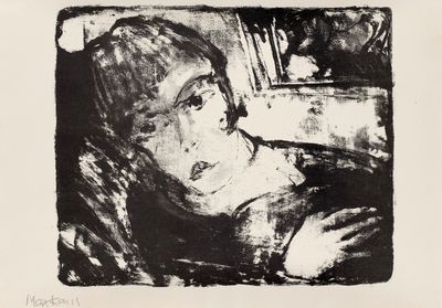 an image of a black and white drawing of a woman sitting in a chair