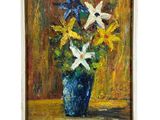 une peinture à l'huile représentant un vase avec des fleurs sur une table