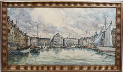 an image of a painting of boats in a harbor with buildings in the background