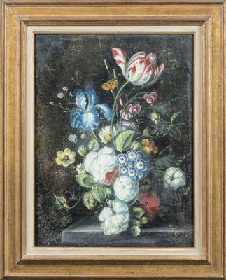 une peinture à l'huile représentant des fleurs dans un vase sur une table