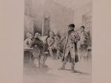drawing of a group of men standing in a room next to each other