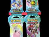 trois paquets de cartes à collectionner pokemon sont représentés sur un fond noir