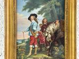 tableau représentant un garçon et une fille avec un cheval dans un paysage