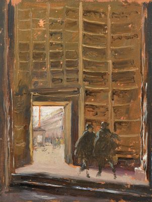 an oil painting of two people walking out of a building