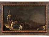 an oil painting of a group of people sitting around a fire