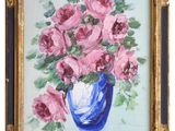 a painting of pink flowers in a blue vase
