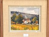painting of a rural landscape with a church in the distance