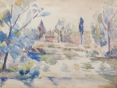 a watercolor painting of a river with trees in the foreground