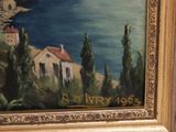 an oil painting of a view of a town and a lake