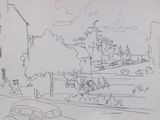 dessin d'une scène de rue avec une voiture garée sur le côté de la route