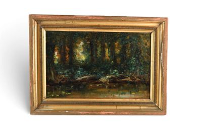 une peinture à l'huile représentant une scène forestière avec une rivière au premier plan