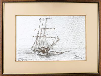 un dessin représentant un bateau dans l'eau, avec un autre bateau en arrière-plan
