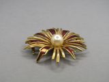 an image of a gold and red broochle with a pearl in the center