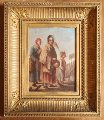 un vieux tableau représentant un homme et une femme debout devant un bâtiment