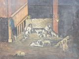une peinture accrochée au mur d'un immeuble représentant des chiens