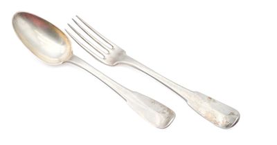 two silver spoons and a fork on a white surface