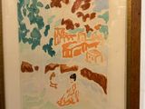 tableau représentant une femme assise sous un arbre devant un bâtiment